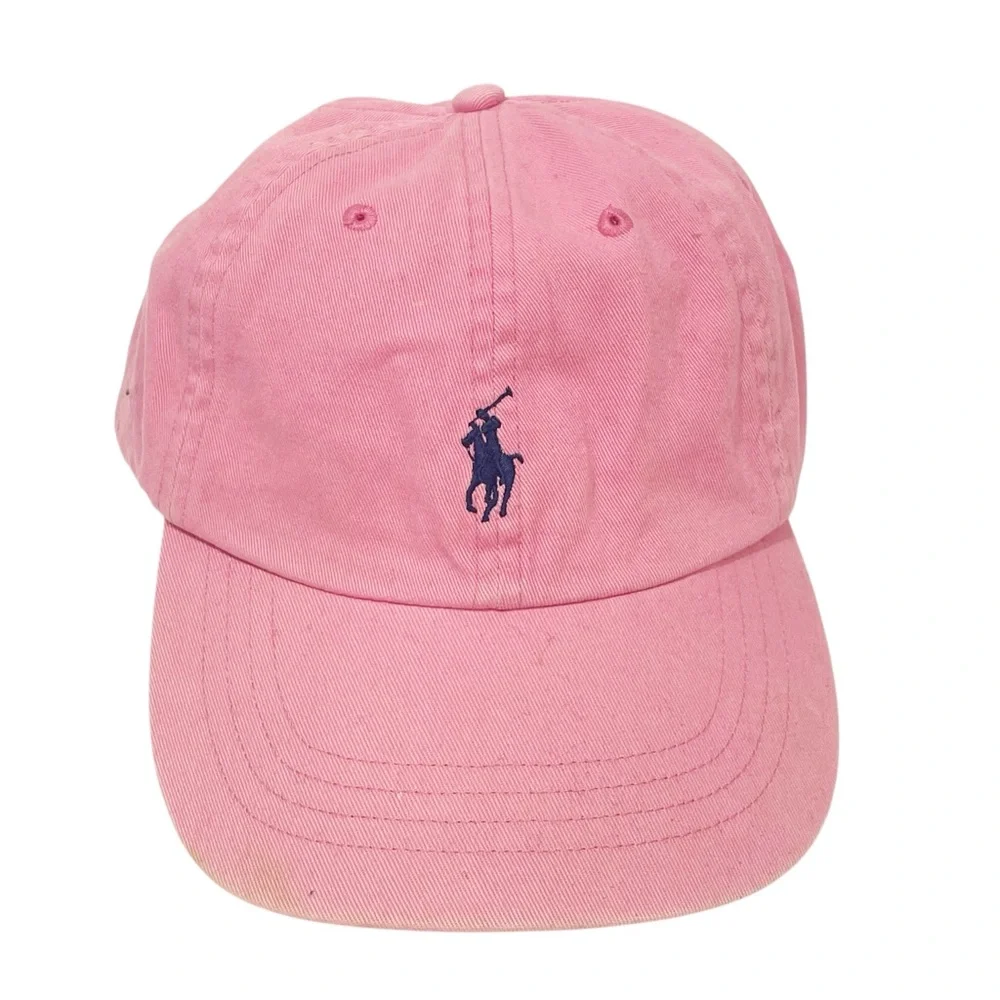 Vintage Polo Ralph Lauren Baseball Hat Cap Pink Leather Strap Blue Pony Casual